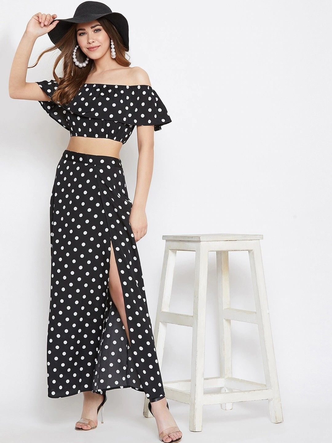 Berrylush Black & White Polka Dots Printed Two-Piece Dress