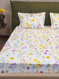 URBAN SPACE Yellow & White Floral Cotton 200 TC Single Bedsheet with 1 Pillow Covers