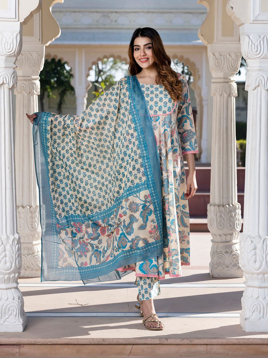 KALINI Floral Printed Round Neck Pure Cotton Anarkali Kurta with Trousers & Dupatta