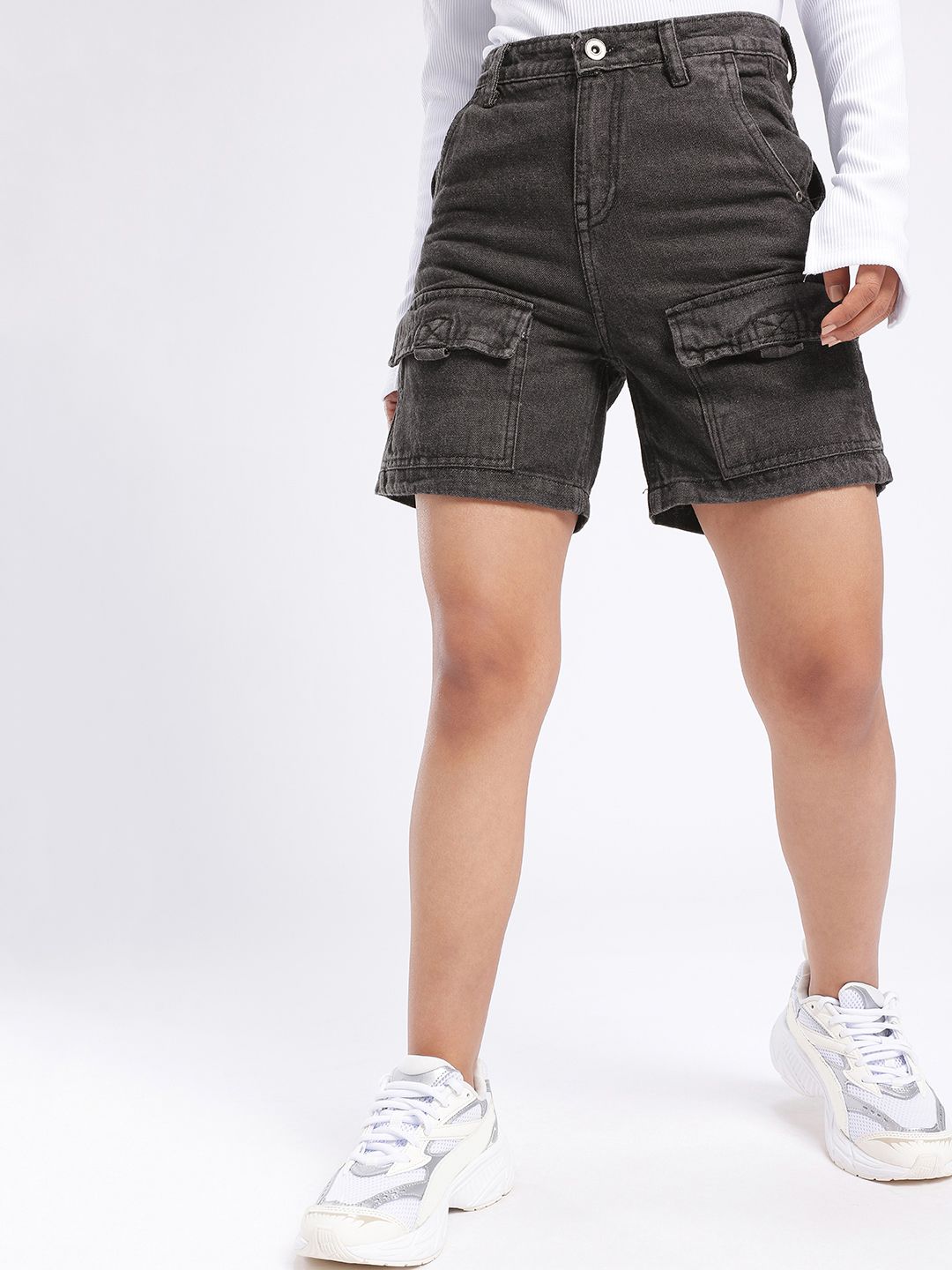 DressBerry Women Urban Vibe High-Rise Denim Cargo Shorts