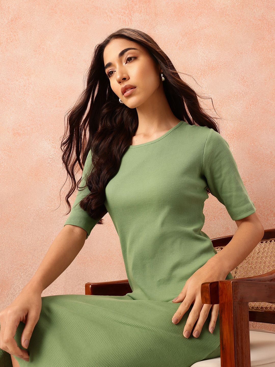 all about you Cotton Ribbed Side Slits Sheath Midi Dress