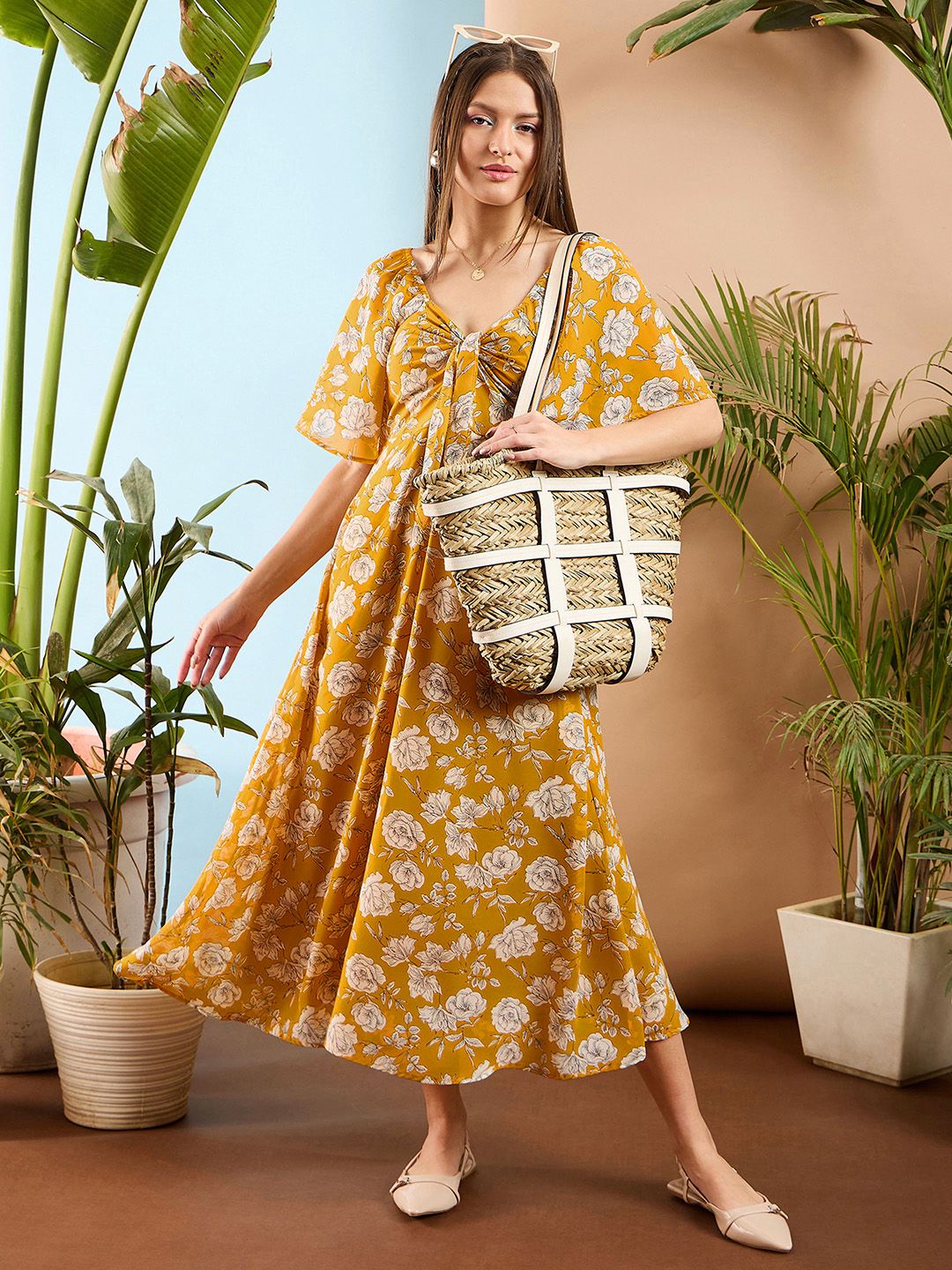 SASSAFRAS Floral Printed Flared Sleeve Front Tie Up Fit & Flare Midi Dress