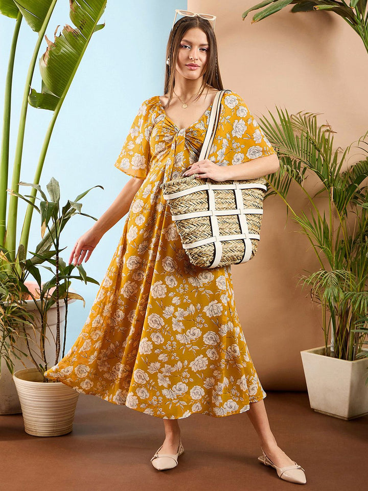 SASSAFRAS Floral Printed Flared Sleeve Front Tie Up Fit & Flare Midi Dress