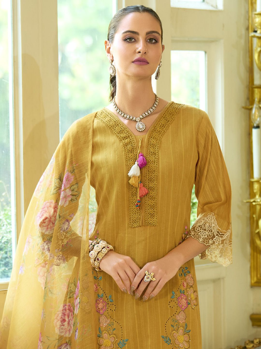 Varanga Floral Embroidered V-Neck Thread Work Pure Cotton Kurta With Trousers And Dupatta