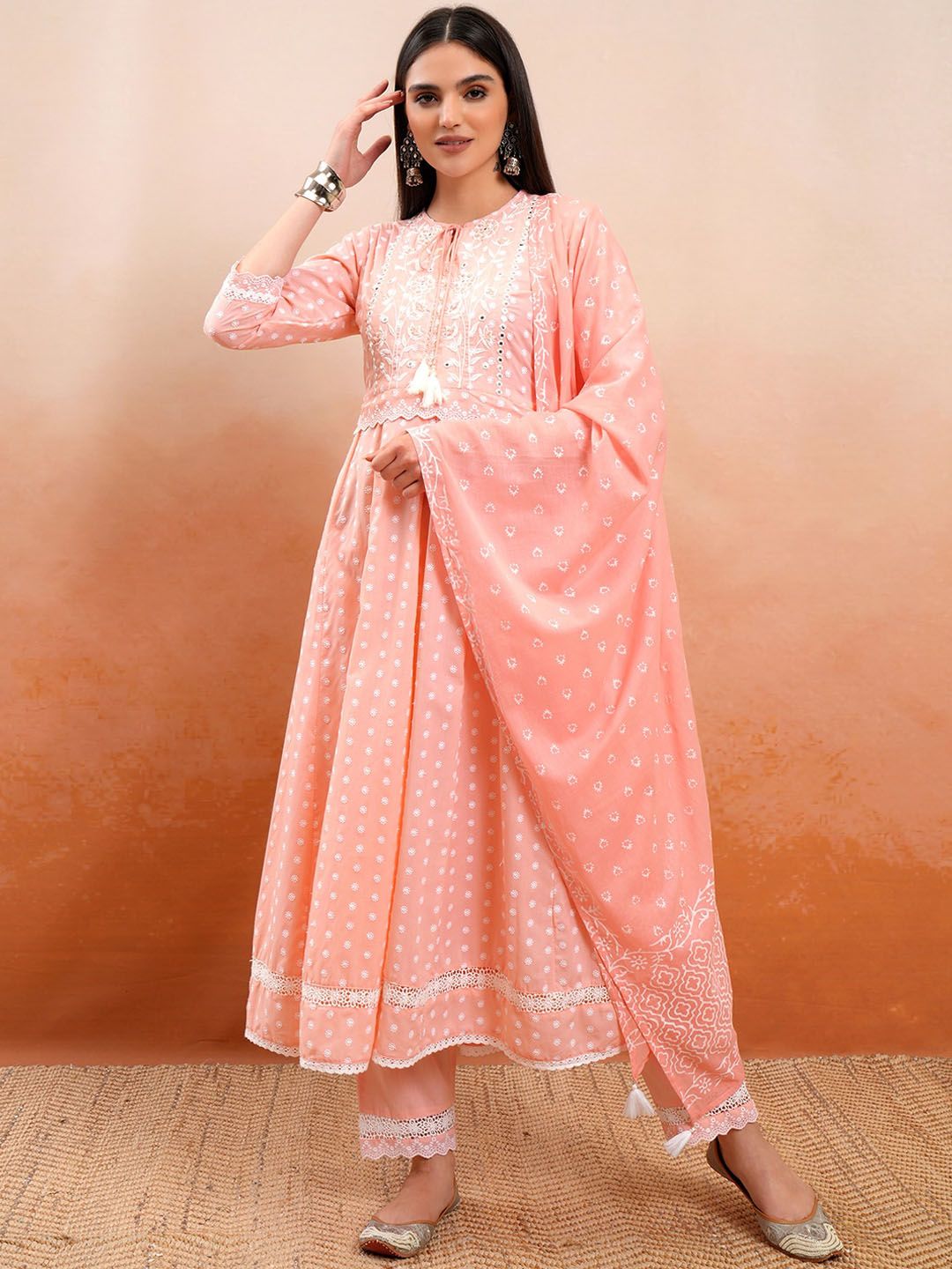 Vishudh Peach Embroidered Mirror Work Pure Cotton Anarkali Kurta With Trousers & Dupatta