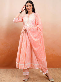 Vishudh Peach Embroidered Mirror Work Pure Cotton Anarkali Kurta With Trousers & Dupatta