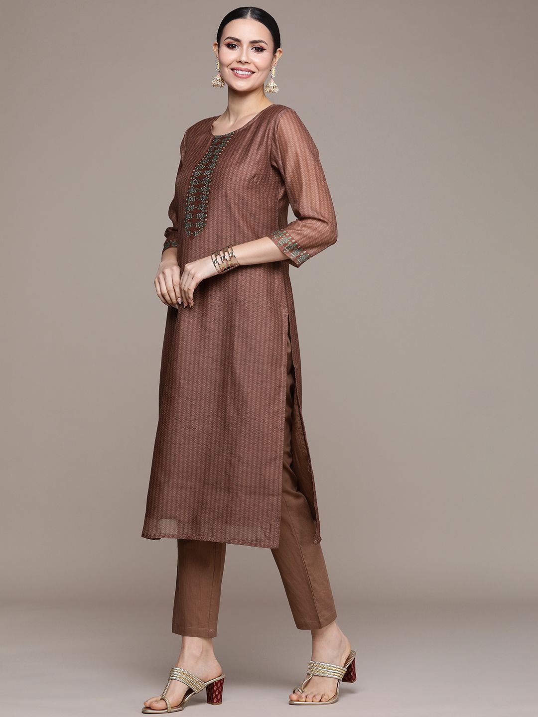 Anouk Women Brown Printed Regular Kurta with Trousers & With Dupatta