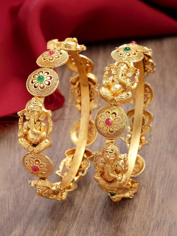 Karatcart Set 2 Batu berlapis emas berlapis Lord Ganesha Temple Bangles