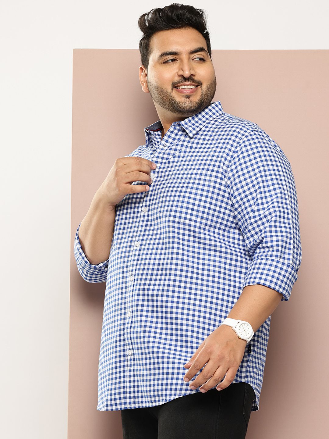 Thomas Scott Men Classic Slim Fit Gingham Checks Checked Casual Shirt