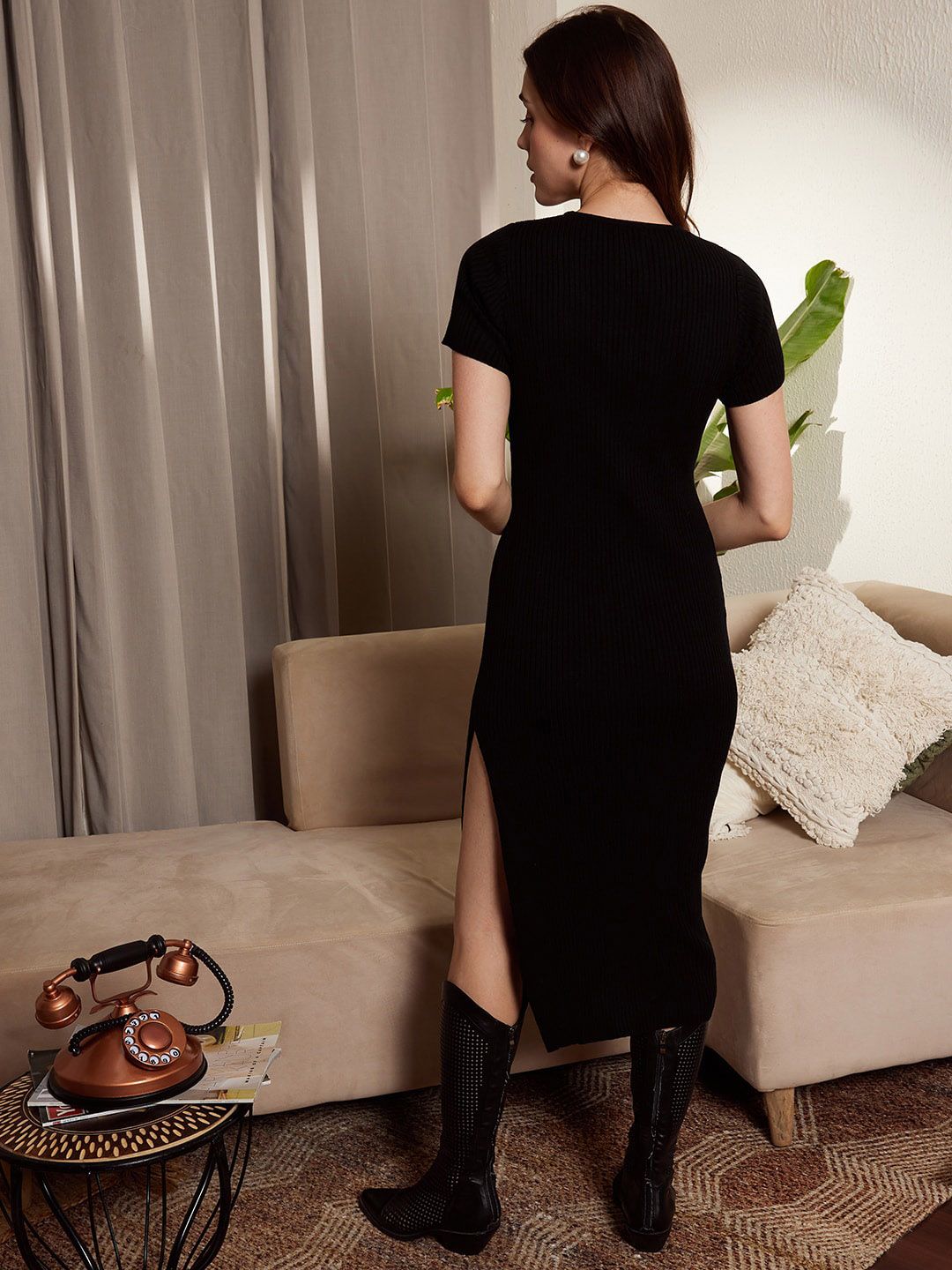 Berrylush Ribbed  Square Neck Midi Acrylic Jumper Dress