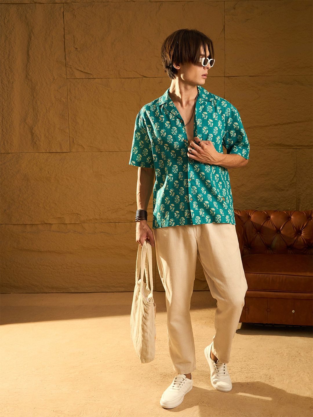 DENNISON Block Printed Drop Shoulder Oversized Cotton Shirt