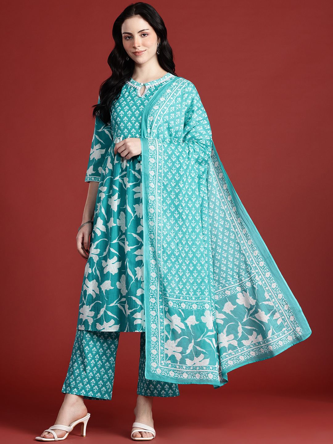 Anouk Printed Pleated Kurta with Trousers & Dupatta