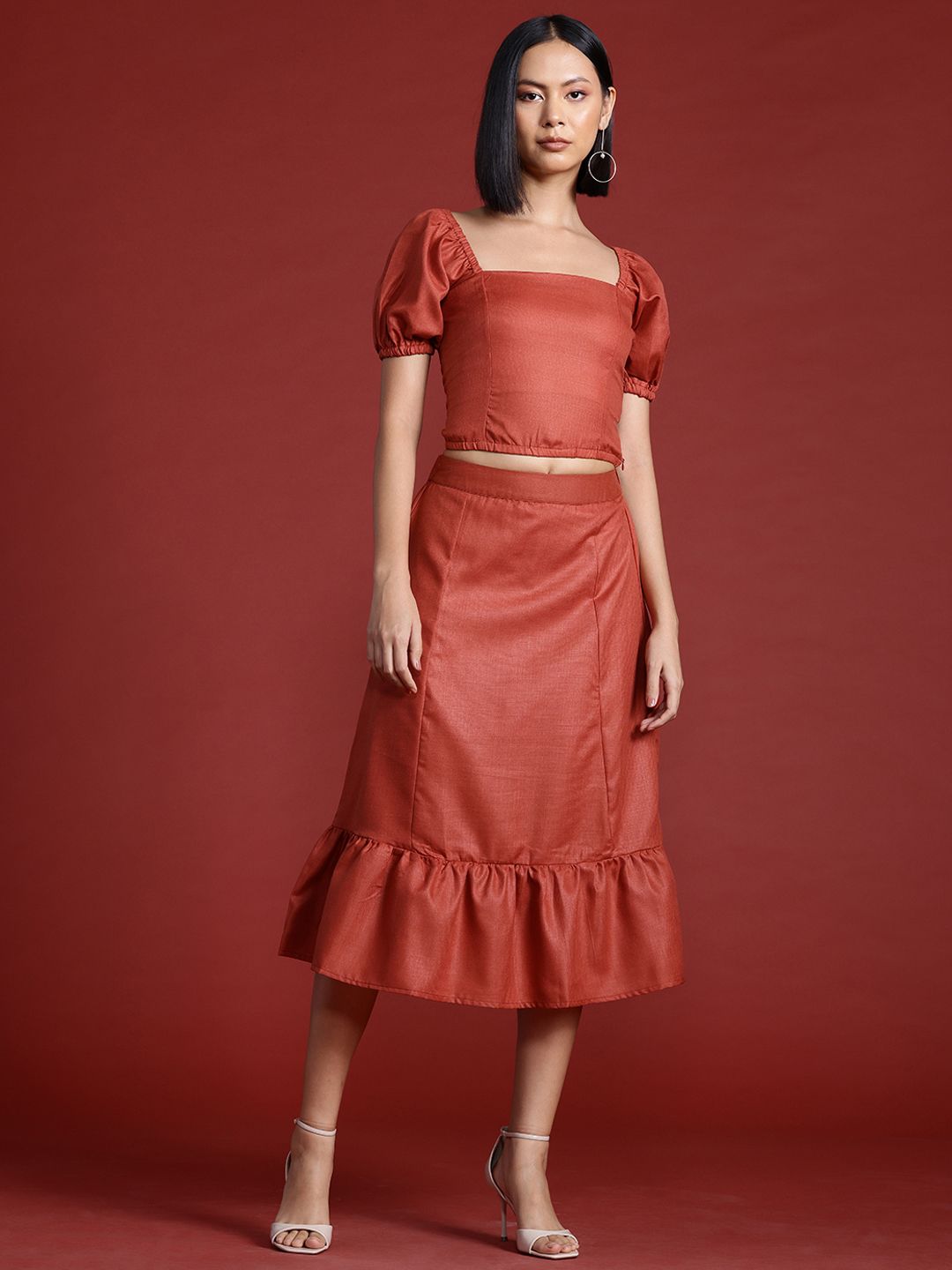 all about you Smocked Top with Flounce Midi Skirt Co-Ord Set