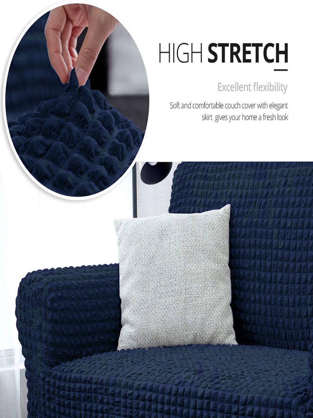 Cortina Navy Blue Ruffle 1-Seater Stretchable Sofa Cover With Skirt