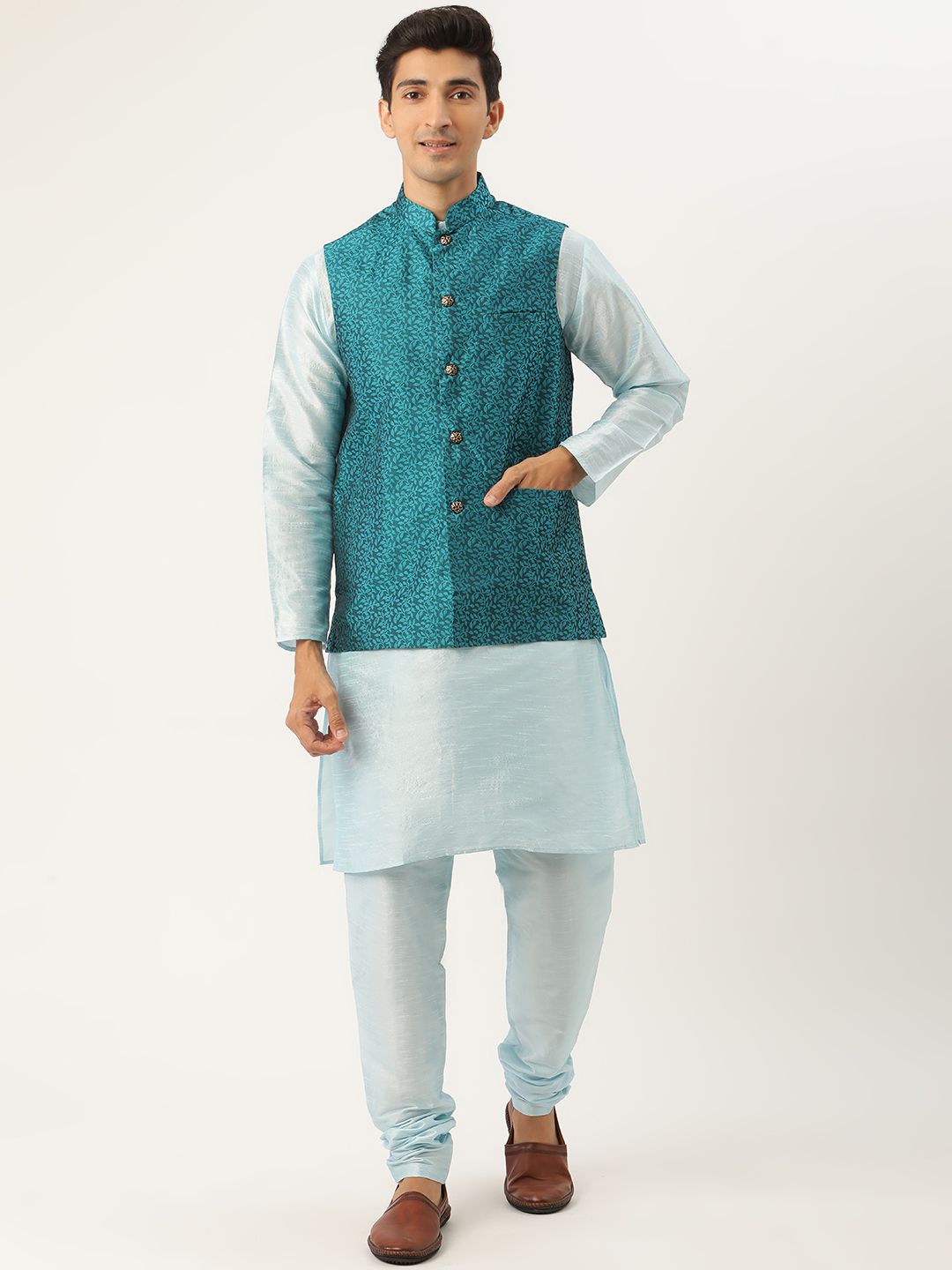 SOJANYA Set Kurta Solid Biru Lelaki Dengan Jaket Nehru Motif Etnik