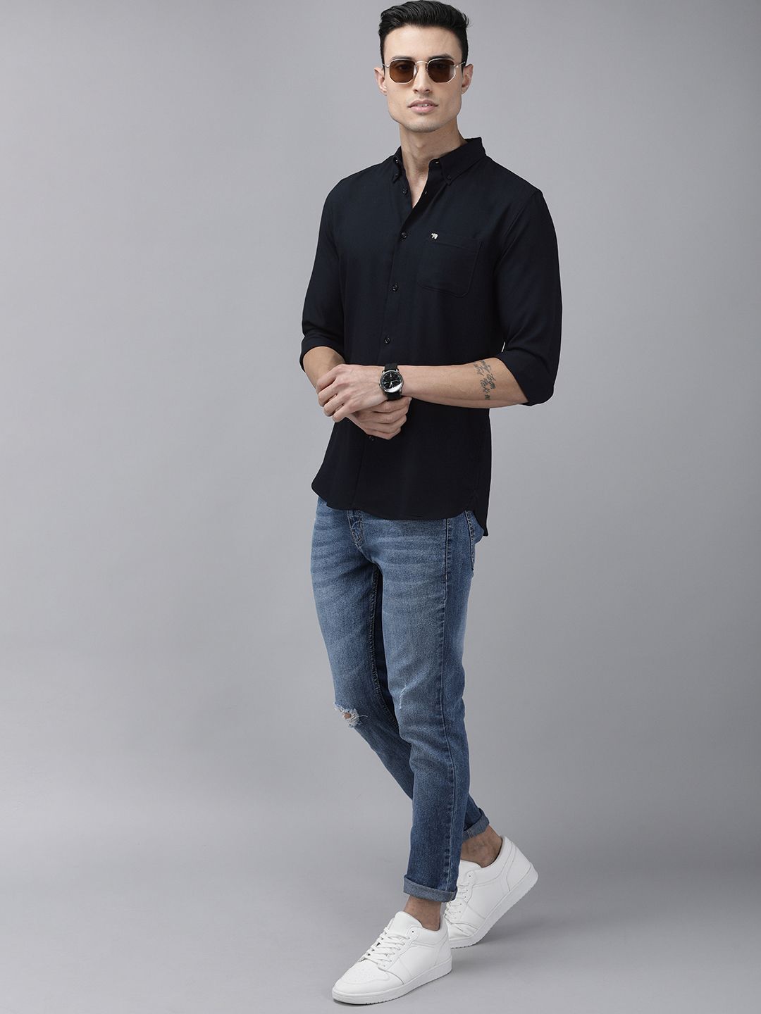 THE BEAR HOUSE Men Navy Blue Slim Fit Casual Shirt
