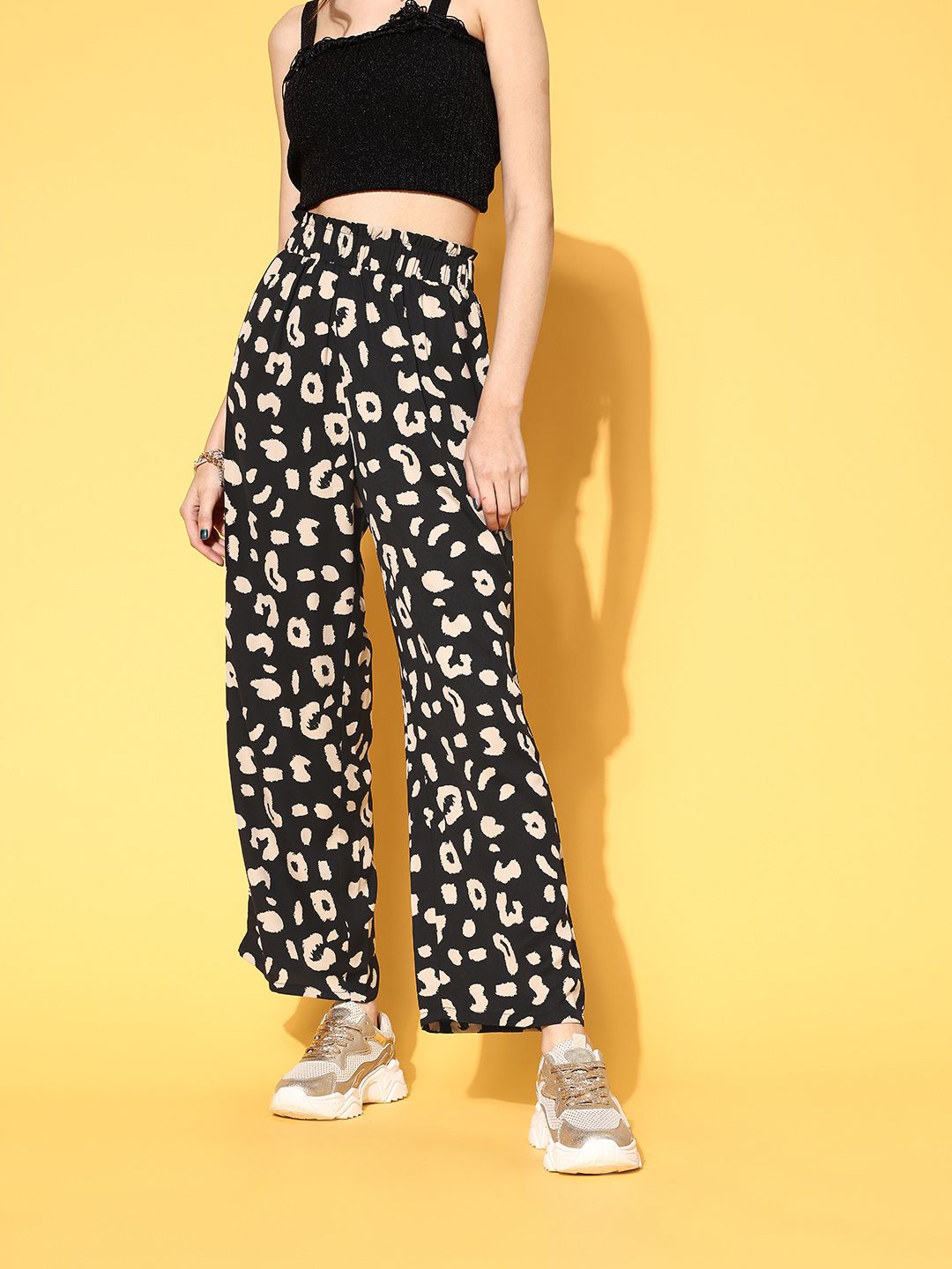 Berrylush Women Stylish Black Animal Printed Wide Leg Bottom Trousers