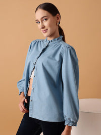 STREET 9 Comfort Denim Cotton Puff Sleeves Casual Shirt