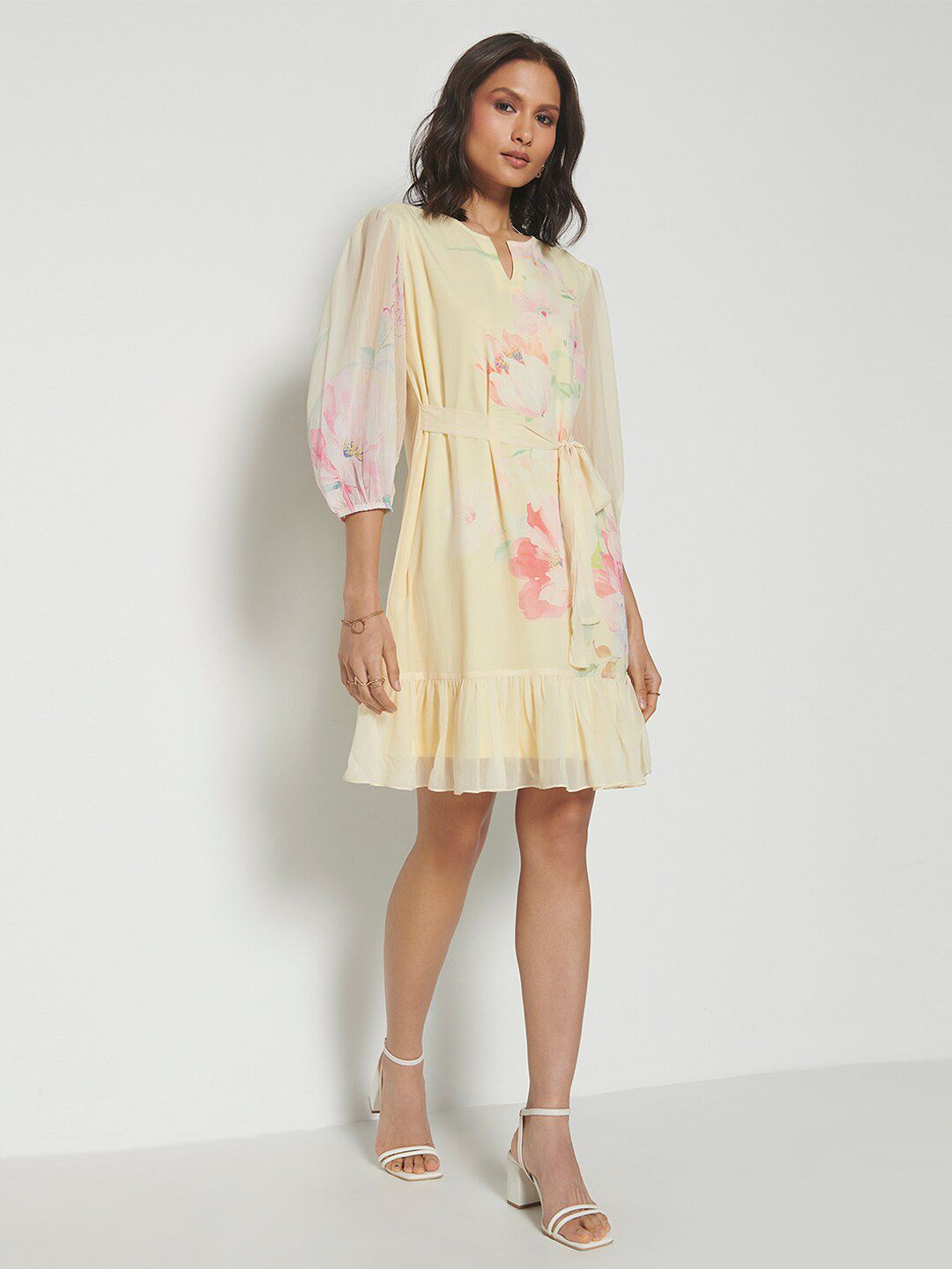 AND Floral Printed Puff Sleeves Gathered Detailed A-Line Dress