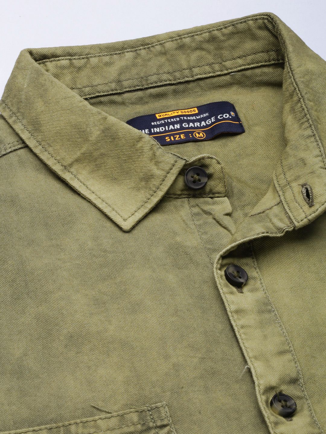 The Indian Garage Co Men Olive Green Solid Pure Cotton Casual Shirt