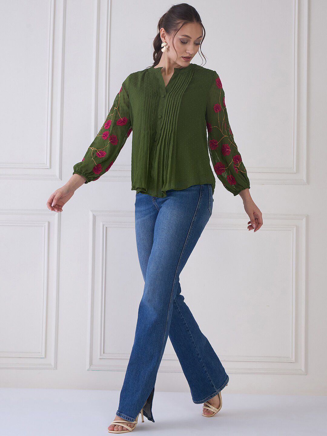 Antheaa Green Self Design Mandarin Collar Puff Sleeves Embroidered Chiffon Shirt Style Top