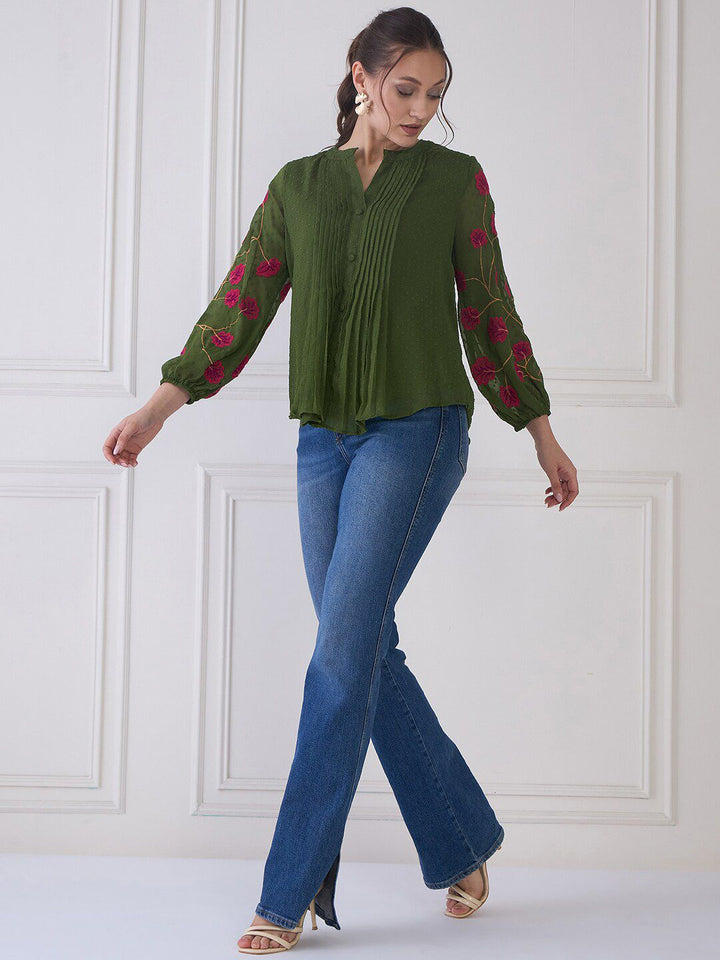 Antheaa Green Self Design Mandarin Collar Puff Sleeves Embroidered Chiffon Shirt Style Top