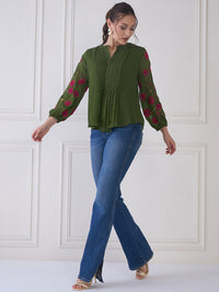 Antheaa Green Self Design Mandarin Collar Puff Sleeves Embroidered Chiffon Shirt Style Top