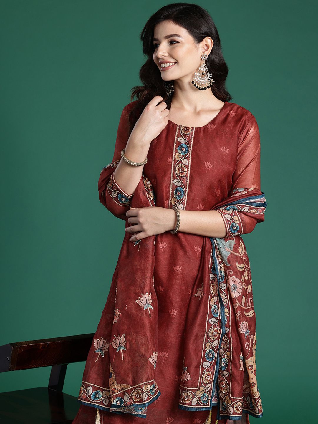 Indo Era Ethnic Motifs Embroidered Thread Work Chanderi Silk Kurta With Trousers & Dupatta