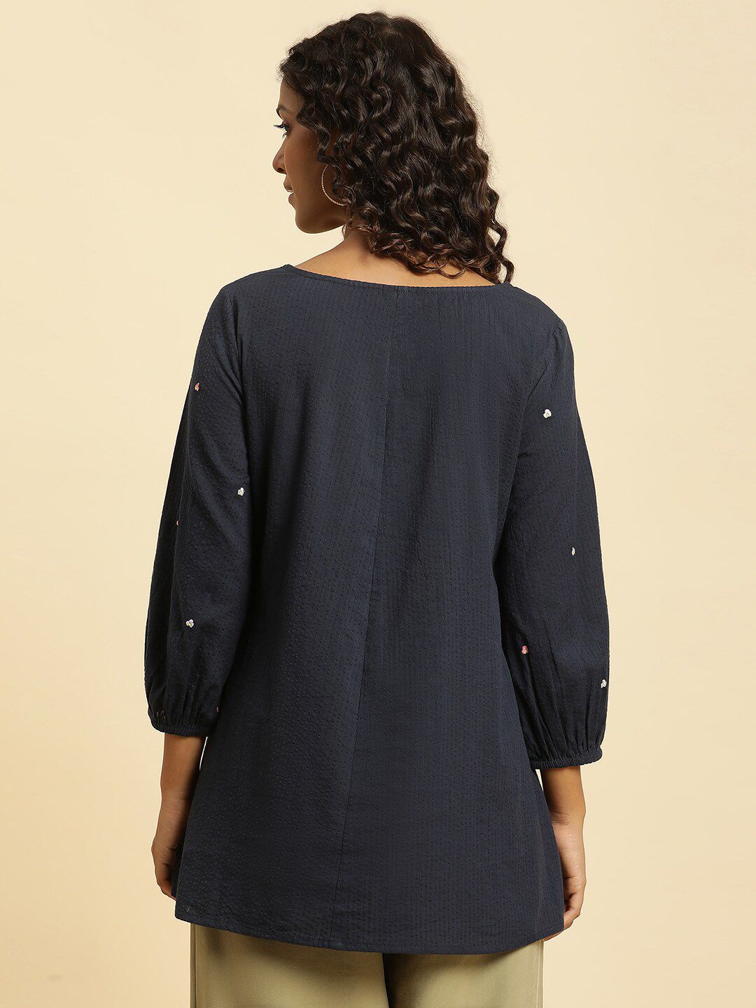 W Blue & Pink Vertical Striped Embroidered Pure Cotton Top