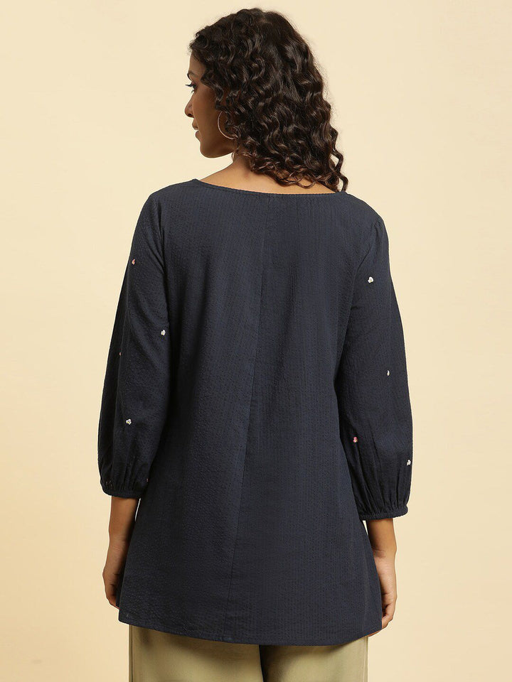W Blue & Pink Vertical Striped Embroidered Pure Cotton Top