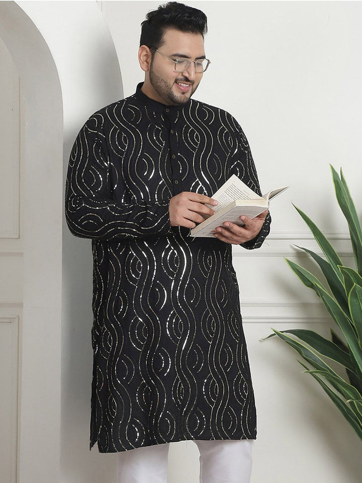 SOJANYA PLUS Geometric Embroidered Sequinned Mandarin Collar Cotton Straight Kurta