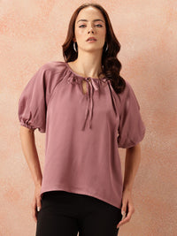 all about you Tie-Up Neck Puff Sleeves Gathered Detail Satin-Finish Top