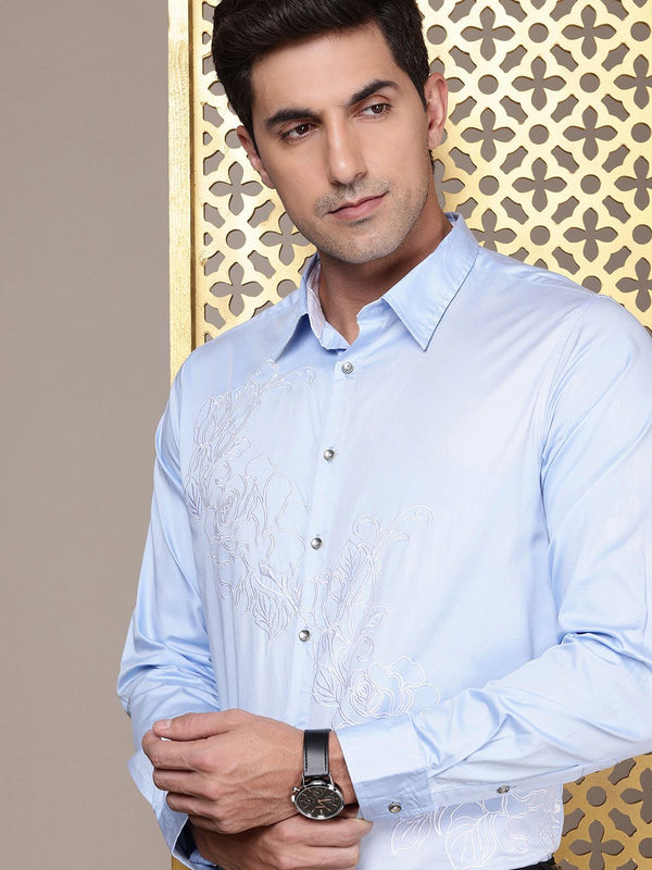 House of Pataudi Pure Cotton Floral Embroidered Opaque Jashn Party Shirt