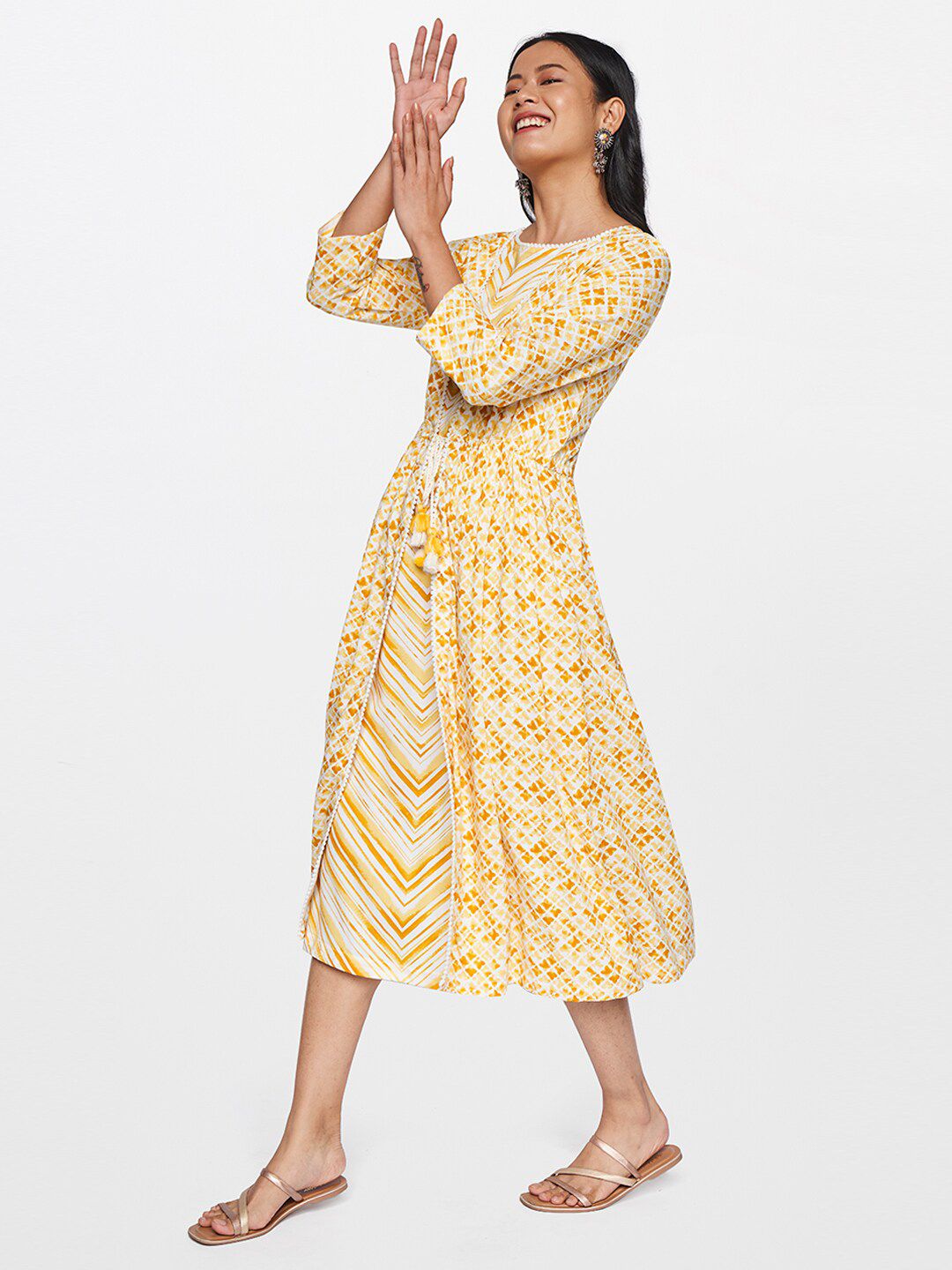 Global Desi Yellow Floral Layered A-Line Midi Dress