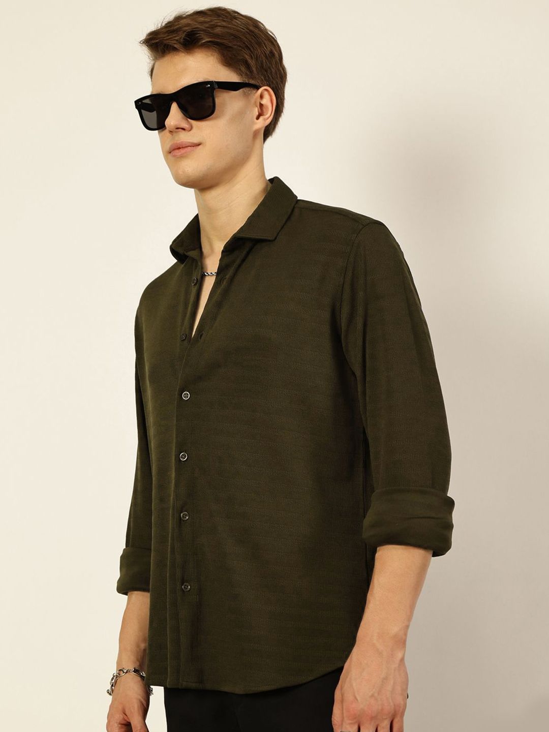 Thomas Scott Men Premium Spread Collar Horizontal Striped Casual Shirt