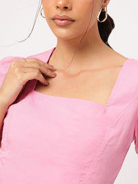 DressBerry Cute & Chic Blush Pink Square Neck Puff-Sleeve Crop Top