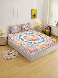 Myntra Elegant Homes White & Blue Floral 400 TC Cadar Katil King dengan 2 Sarung Bantal