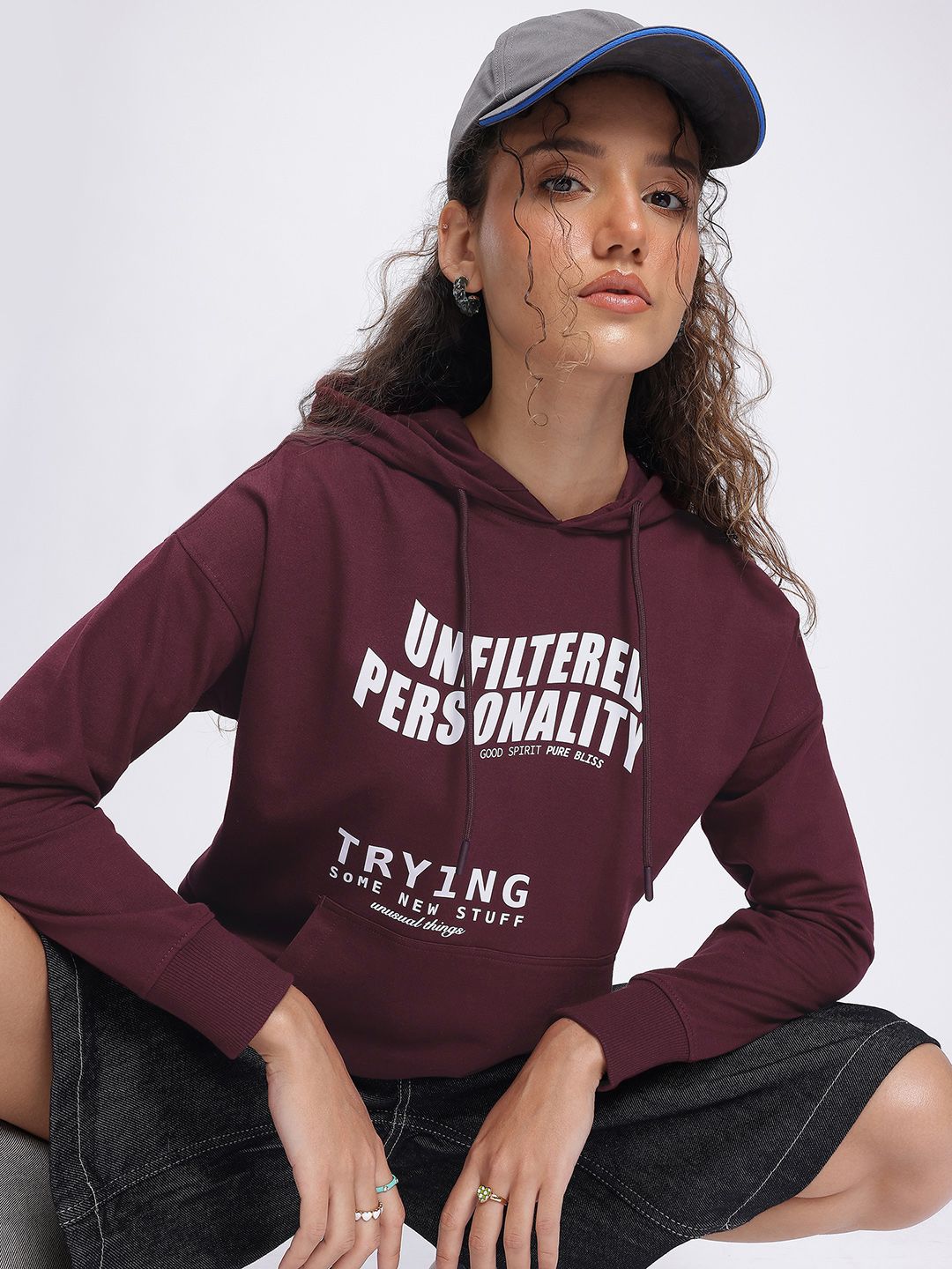 DressBerry Typo Trend Hooded Drop-Shoulder Sweatshirt
