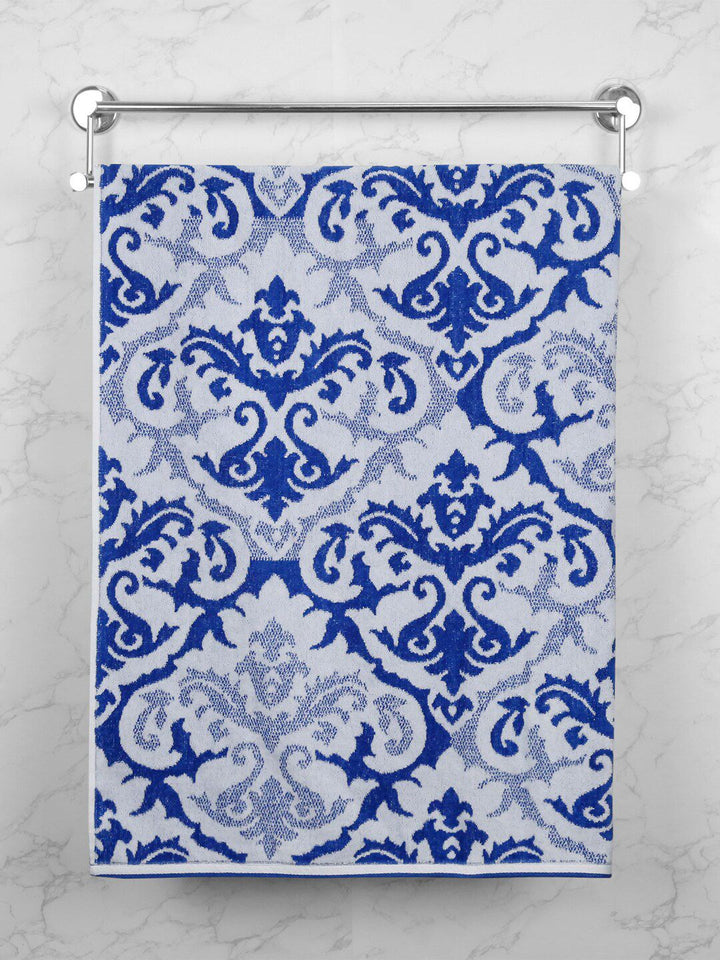 MYTRIDENT White & Blue Ethnic Motifs Printed Cotton 500 GSM Bath Towel