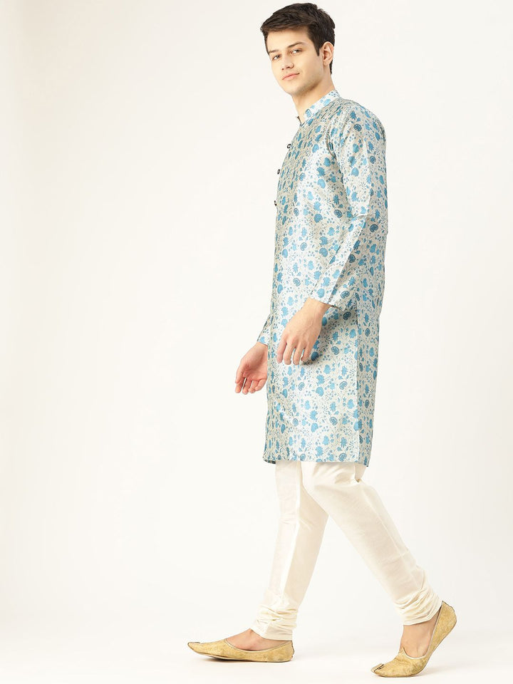 SOJANYA Men Grey & Blue Floral Print Angrakha Straight Kurta