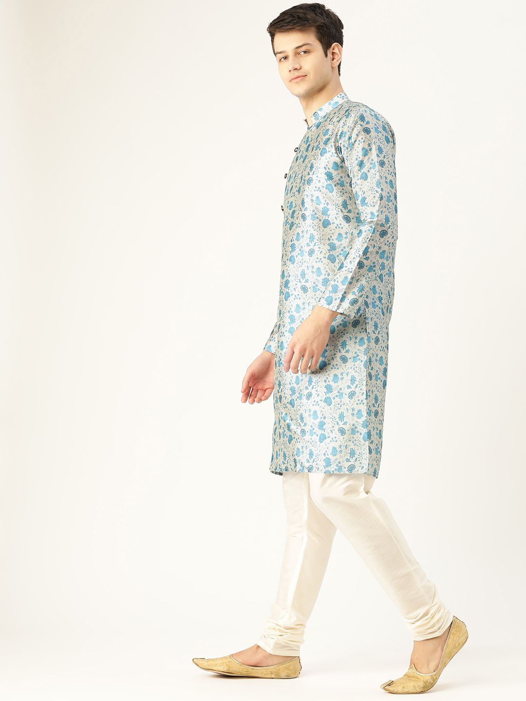 SOJANYA Lelaki Grey & Blue Floral Print Angrakha Straight Kurta