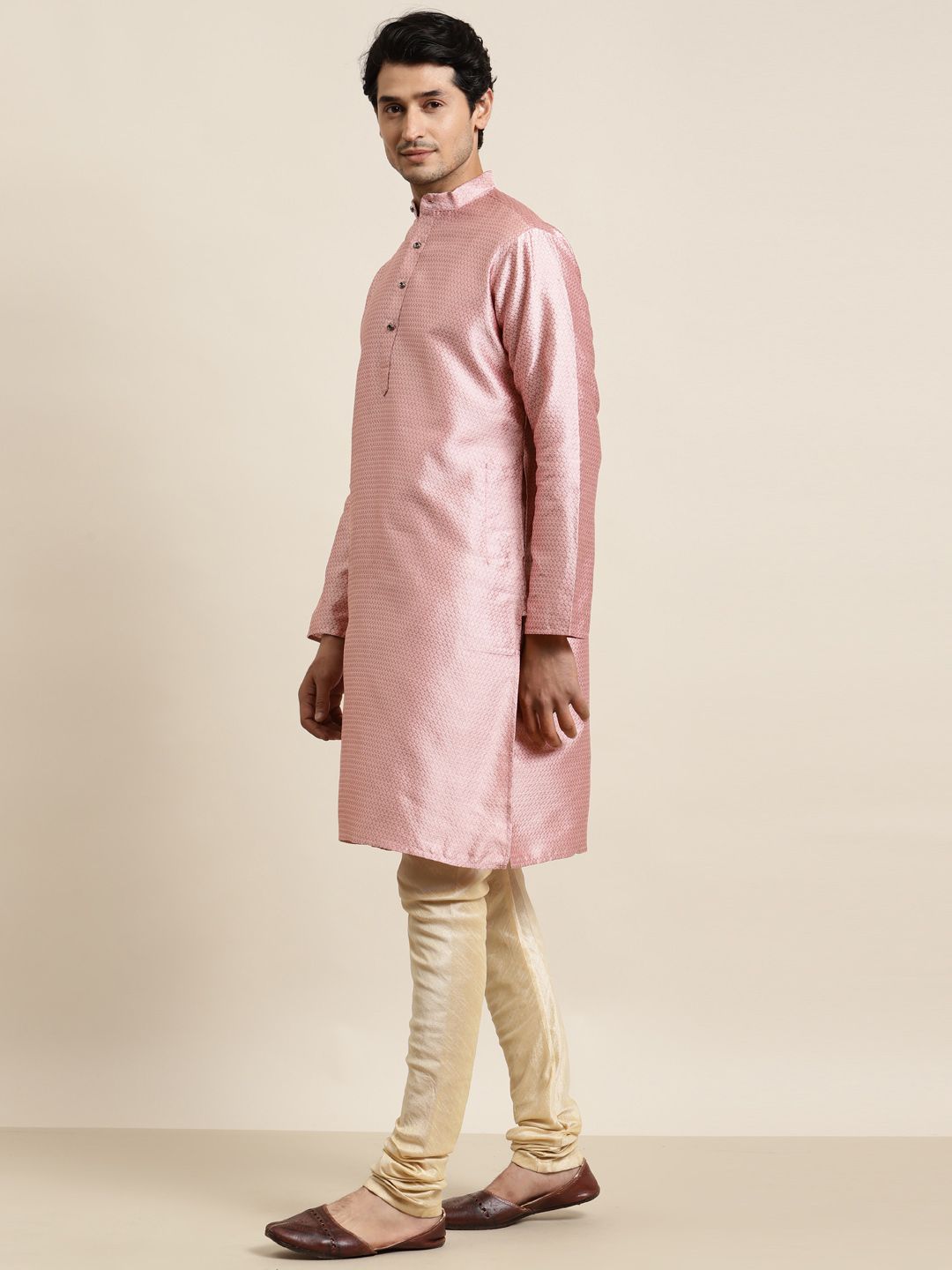 Anug oleh SOJANYA Lelaki Motif Etnik Merah Jambu Kurta Kolar Mandarin