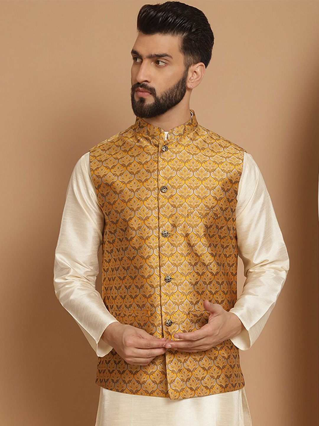 Jaket Nehru Kolar Mandarin Anouk Mustard Printed