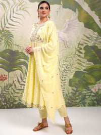 Vishudh Yellow Embroidered Mirror Work Pure Cotton Anarkali Kurta With Trousers & Dupatta