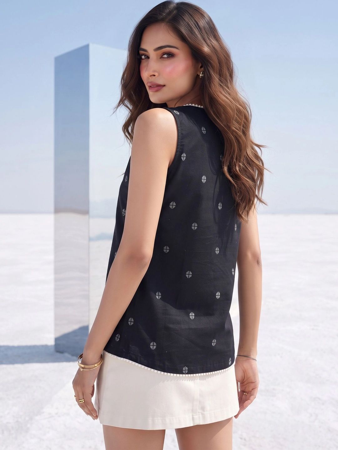 Mamicha Geometric Print Ruffles Cotton Top