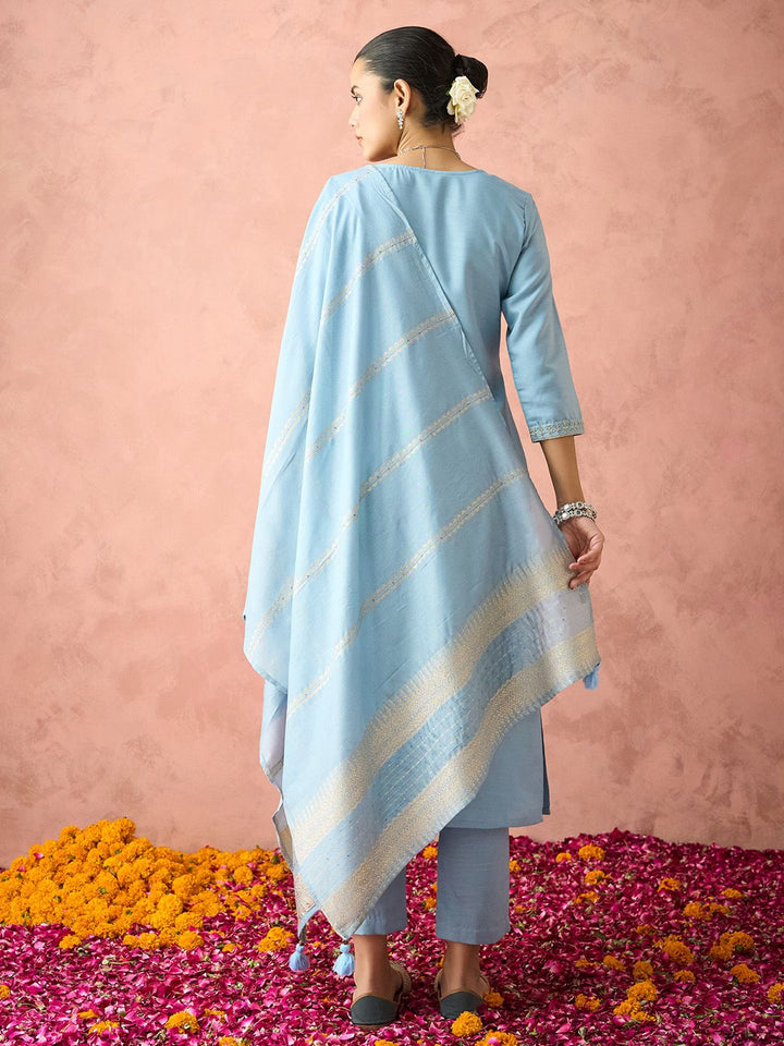 KALINI Floral Yoke Design Straight Thread Work Kurta with Trousers & Dupatta