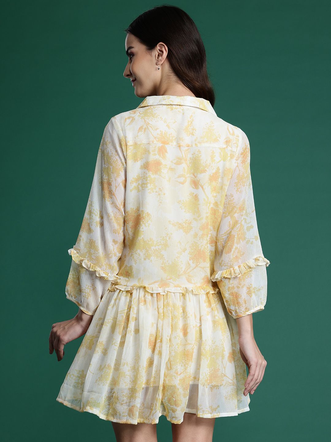 DressBerry Floral Print Puff Sleeve Ruffled A-Line Mini Dress