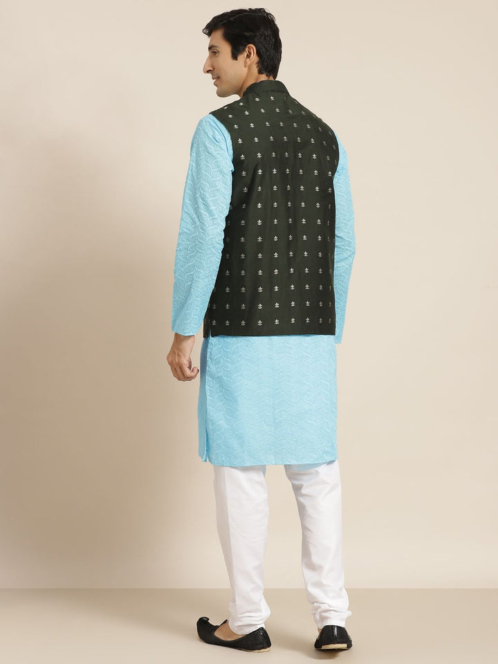 SOJANYA Kurta Kapas Tulen Chikankari Biru Lelaki dengan Jaket Churidar & Nehru