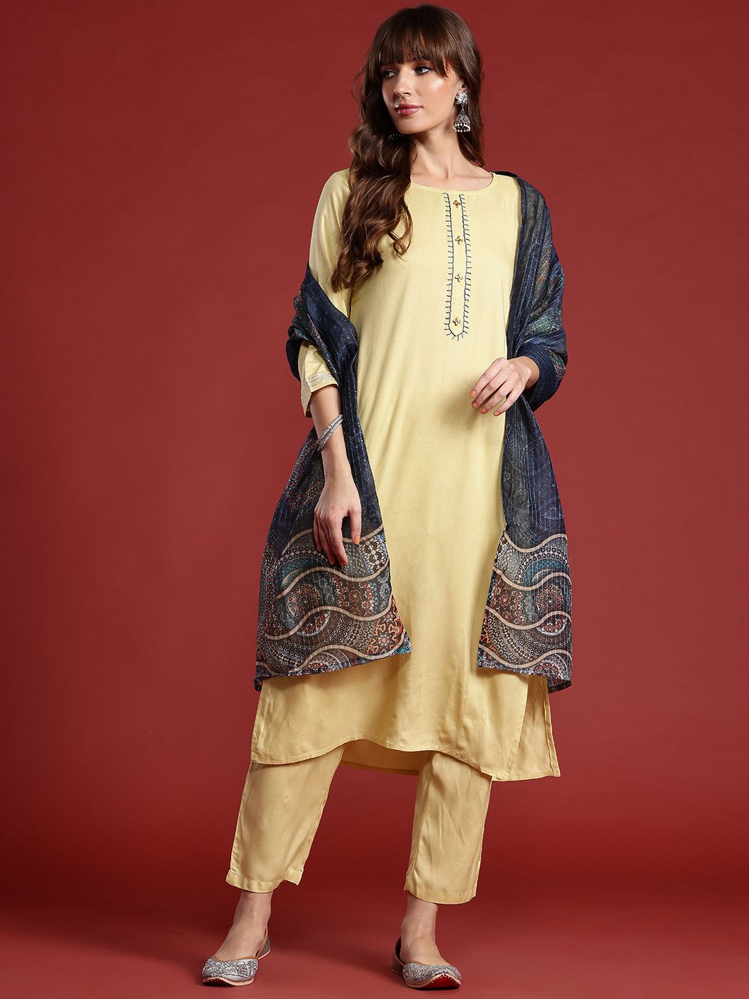 Anouk Women Ethnic Motifs Embroidered Regular Sequinned Kurta with Trousers & With Dupatta