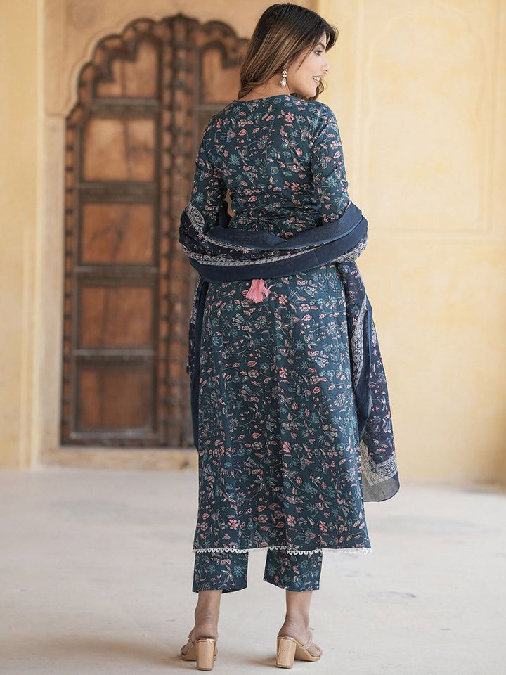 KALINI Floral Embroidered Thread Work Pure Cotton Anarkali Kurta With Trousers & Dupatta